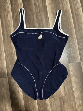 Vintage 90s Navy One-Piece Swimsuit with White Piping and Sailboat embroidery